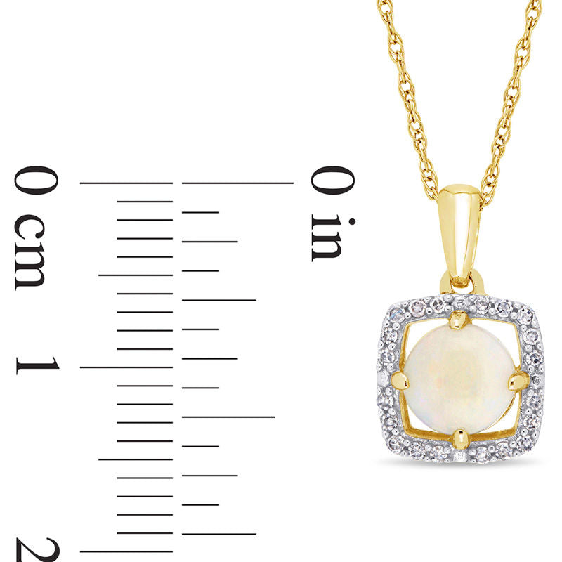 6.0mm Opal and 0.1 CT. T.W. Natural Diamond Cushion Frame Pendant in 10K Yellow Gold - 17"