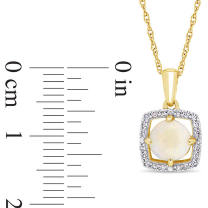 6.0mm Opal and 0.1 CT. T.W. Natural Diamond Cushion Frame Pendant in 10K Yellow Gold - 17"