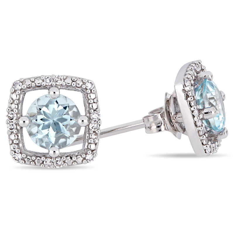 5.0mm Aquamarine and 0.07 CT. T.W. Diamond Cushion Frame Stud Earrings in 10K White Gold