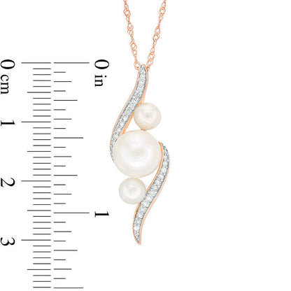 Cultured Freshwater Pearl and 0.13 CT. T.W. Natural Diamond Three Stone Bypass Pendant in 10K Rose Gold - 17"