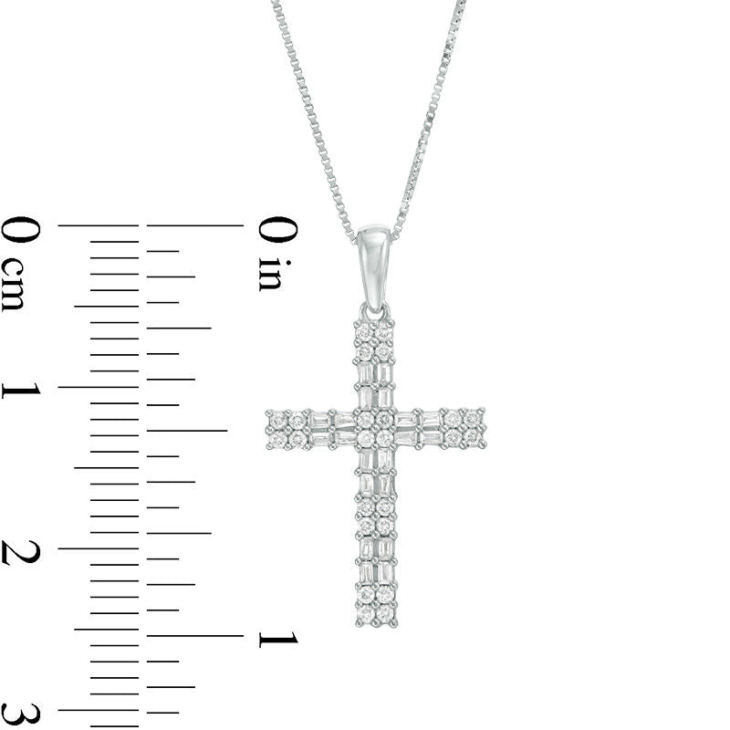 0.25 CT. T.W. Baguette and Round Natural Diamond Double Row Cross Pendant in 10K White Gold