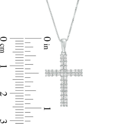 0.25 CT. T.W. Baguette and Round Natural Diamond Double Row Cross Pendant in 10K White Gold