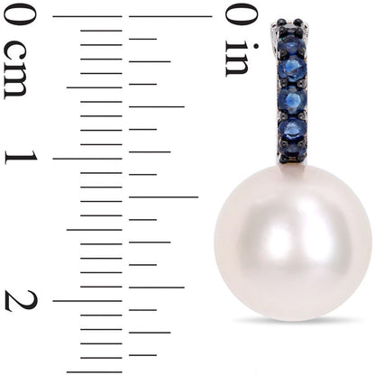 11.0 - 12.0mm Cultured Freshwater Pearl and Blue Sapphire Curve Drop Earrings in 10K White Gold
