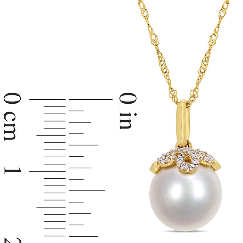10.0 - 11.0mm Cultured South Sea Pearl and 0.07 CT. T.W. Natural Diamond Leaf Top Pendant in 14K Gold - 17"