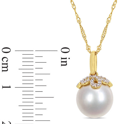 10.0 - 11.0mm Cultured South Sea Pearl and 0.07 CT. T.W. Natural Diamond Leaf Top Pendant in 14K Gold - 17"