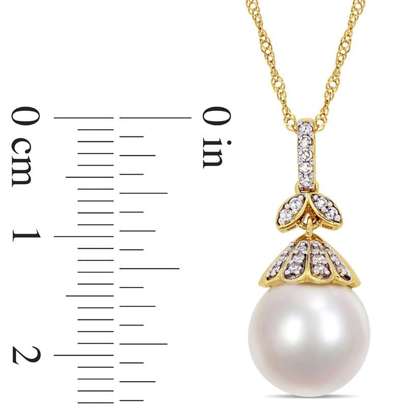 10.0 - 11.0mm Oval Cultured South Sea Pearl and 0.1 CT. T.W. Natural Diamond Flower Top Pendant in 14K Gold - 17"