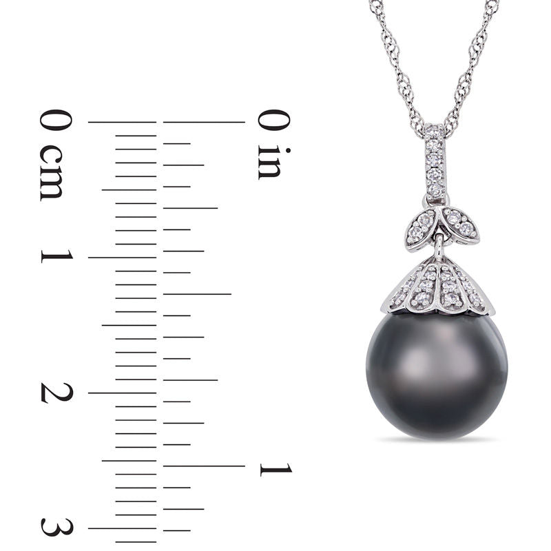 10.0 - 11.0mm Oval Black Cultured Tahitian Pearl and 0.1 CT. T.W. Natural Diamond Flower Top Pendant in 14K White Gold - 17"