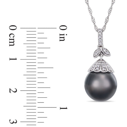 10.0 - 11.0mm Oval Black Cultured Tahitian Pearl and 0.1 CT. T.W. Natural Diamond Flower Top Pendant in 14K White Gold - 17"