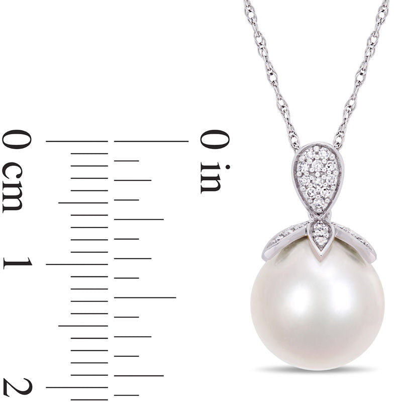 11.0 - 12.0mm Cultured Freshwater Pearl and 0.1 CT. T.W. Natural Diamond Petals Pendant in 10K White Gold - 17"