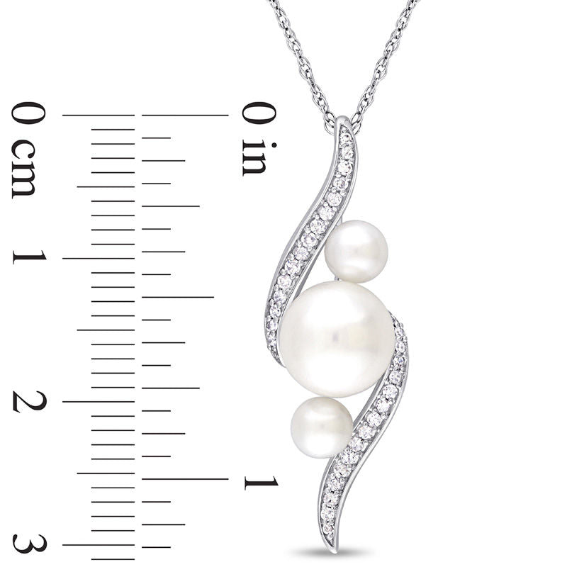Cultured Freshwater Pearl and 0.13 CT. T.W. Natural Diamond Linear Three Stone Bypass Pendant in 10K White Gold - 17"