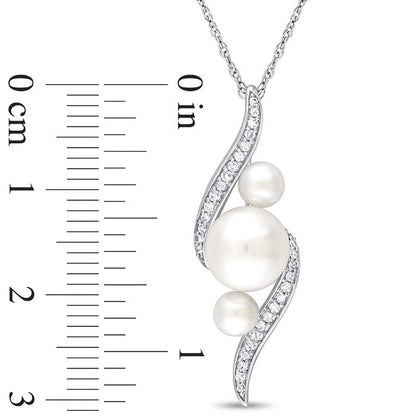 Cultured Freshwater Pearl and 0.13 CT. T.W. Natural Diamond Linear Three Stone Bypass Pendant in 10K White Gold - 17"