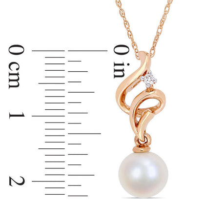 7.0 - 7.5mm Cultured Freshwater Pearl and Natural Diamond Accent Ribbon Pendant in 10K Rose Gold - 17"