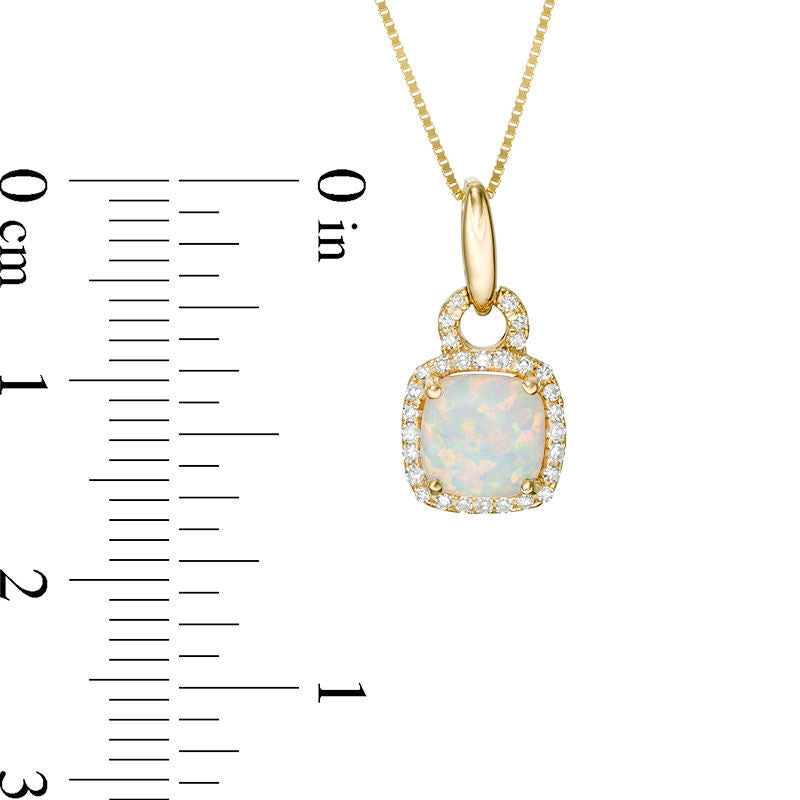 6.0mm Cushion-Cut Lab-Created Opal and 0.1 CT. T.W. Diamond Frame Doorknocker Pendant in 10K Yellow Gold
