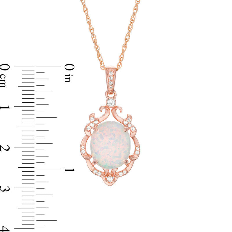 Oval Lab-Created Opal and White Sapphire Ornate Scroll Frame Drop Pendant in Sterling Silver with 14K Rose Gold Plate
