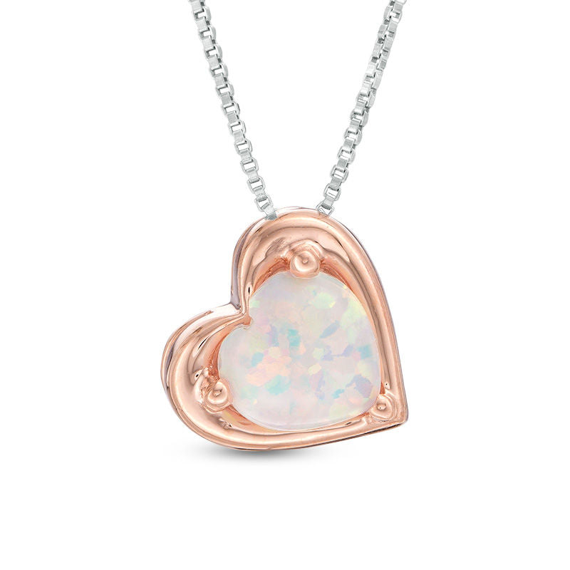 Lab-Created Opal and 0.05 CT. T.W. Diamond Double Heart Frame Three-in-One Pendant in Sterling Silver and 10K Rose Gold