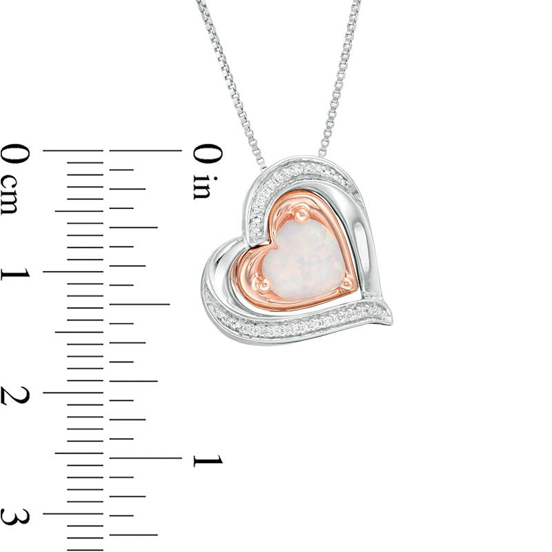 Lab-Created Opal and 0.05 CT. T.W. Diamond Double Heart Frame Three-in-One Pendant in Sterling Silver and 10K Rose Gold