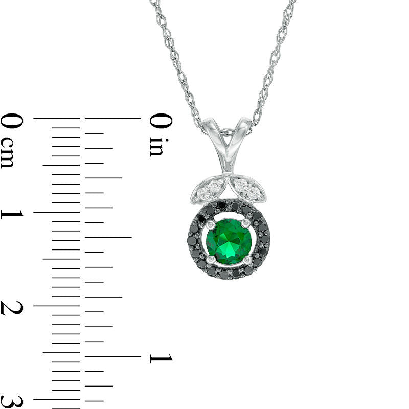 5.0mm Lab-Created Emerald and 0.13 CT. T.W. Enhanced Black and White Diamond Leaf Top Pendant in Sterling Silver