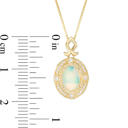 Oval Opal and 0.07 CT. T.W. Natural Diamond Rope Frame Antique Vintage-Style Pendant in 14K Gold