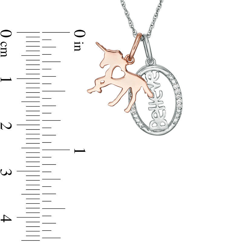 0.05 CT. T.W. Natural Diamond Unicorn and Oval Believe" Charms Pendant in Sterling Silver and 10K Rose Gold Plate"