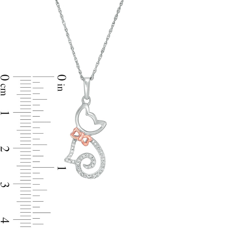 0.05 CT. T.W. Natural Diamond Cat with Bow Pendant in Sterling Silver and 14K Rose Gold