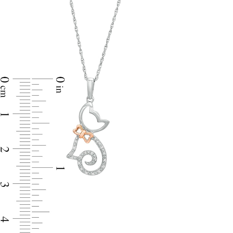0.05 CT. T.W. Natural Diamond Cat with Bow Pendant in Sterling Silver and 14K Rose Gold