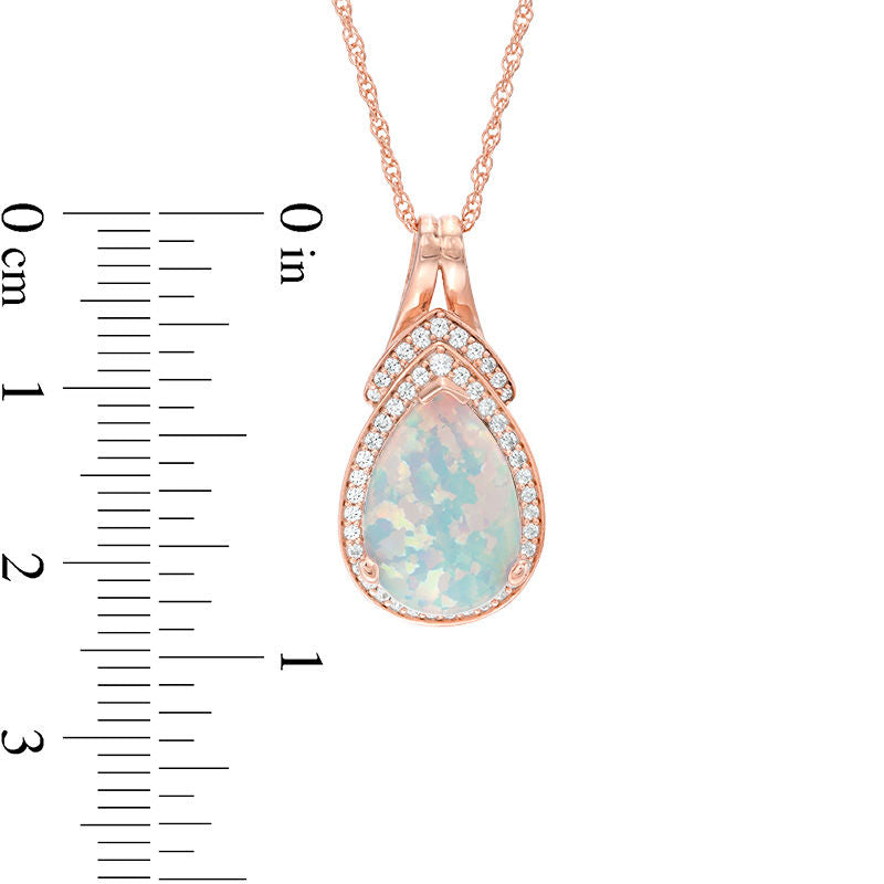 Pear-Shaped Lab-Created Opal and White Sapphire Frame and V"-Top Pendant in Sterling Silver with 14K Rose Gold Plate"