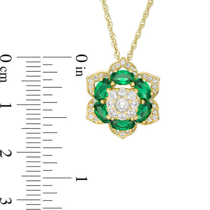 Lab-Created Emerald and White Sapphire Flower Frame Pendant in Sterling Silver with 14K Gold Plate