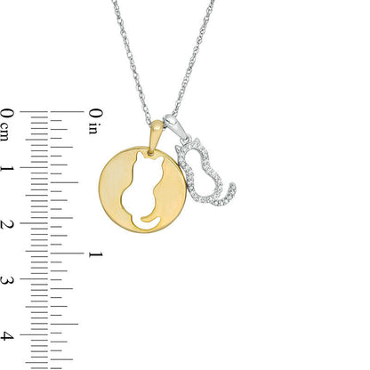 0.05 CT. T.W. Natural Diamond Cut-Out Cat Disc and Cat Outline Pendant in Sterling Silver and 14K Gold Plate