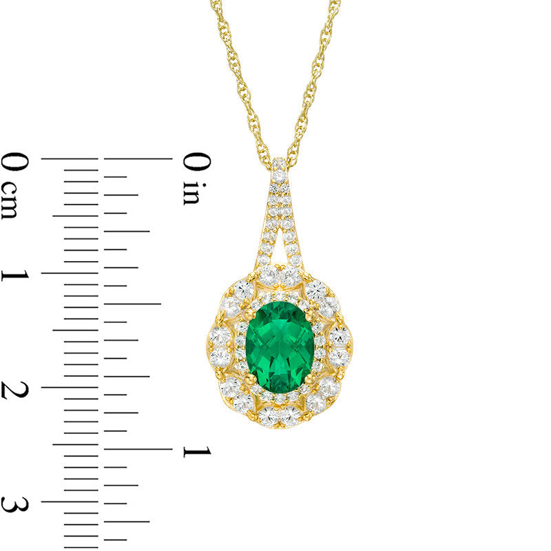 Oval Lab-Created Emerald and White Sapphire Double Frame Pendant in Sterling Silver with 14K Gold Plate