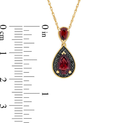 Pear-Shaped Garnet and 0.1 CT. T.W. Enhanced Black Natural Diamond Frame Antique Vintage-Style Drop Pendant in 10K Yellow Gold