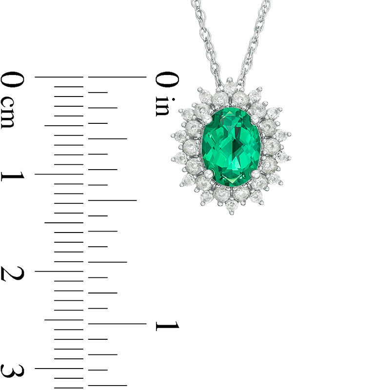Oval Lab-Created Emerald and White Sapphire Sunburst Frame Pendant in Sterling Silver