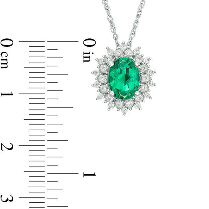 Oval Lab-Created Emerald and White Sapphire Sunburst Frame Pendant in Sterling Silver