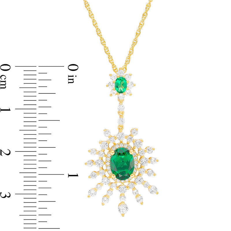 Oval Lab-Created Emerald and White Sapphire Sunburst Pendant in Sterling Silver with 14K Gold Plate