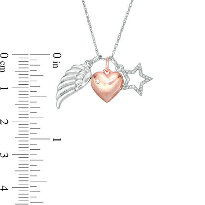 Natural Diamond Accent Wing, Heart and Star Outline Charms Pendant in Sterling Silver and 14K Rose Gold Plate