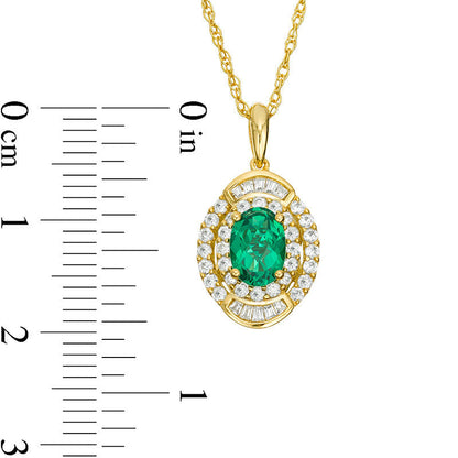 Oval Emerald and 0.33 CT. T.W. Natural Diamond Double Frame Pendant in 10K Yellow Gold