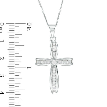0.88 CT. T.W. Baguette and Round Natural Diamond Cross Pendant in 14K White Gold