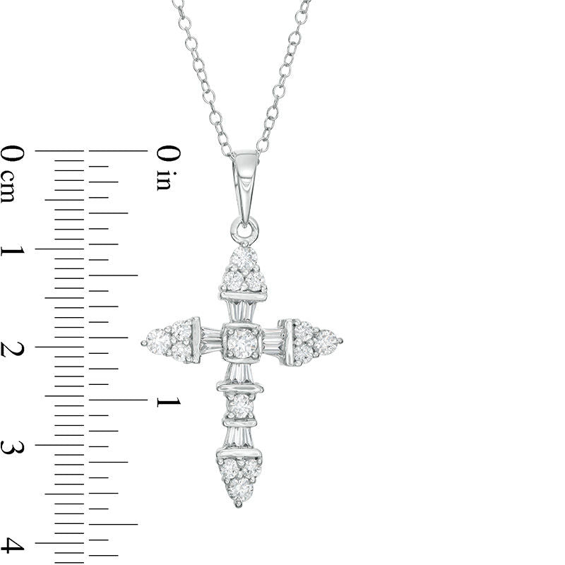 1 CT. T.W. Baguette and Round Natural Diamond Cross Pendant in 14K White Gold