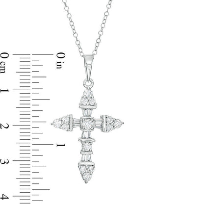 1 CT. T.W. Baguette and Round Natural Diamond Cross Pendant in 14K White Gold