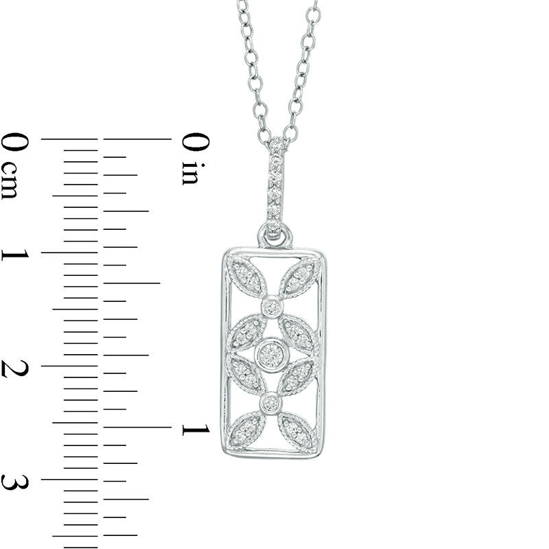 0.17 CT. T.W. Natural Diamond Open Rectangular Flower Antique Vintage-Style Pendant in Sterling Silver