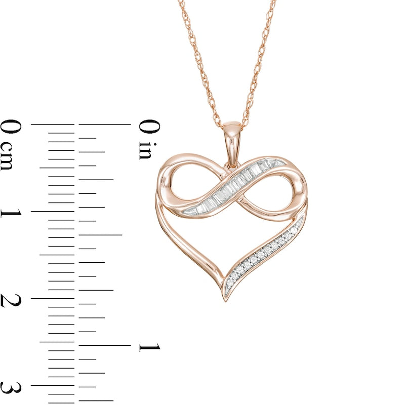 0.1 CT. T.W. Baguette and Round Natural Diamond Heart Outline with Infinity Pendant in 10K Rose Gold