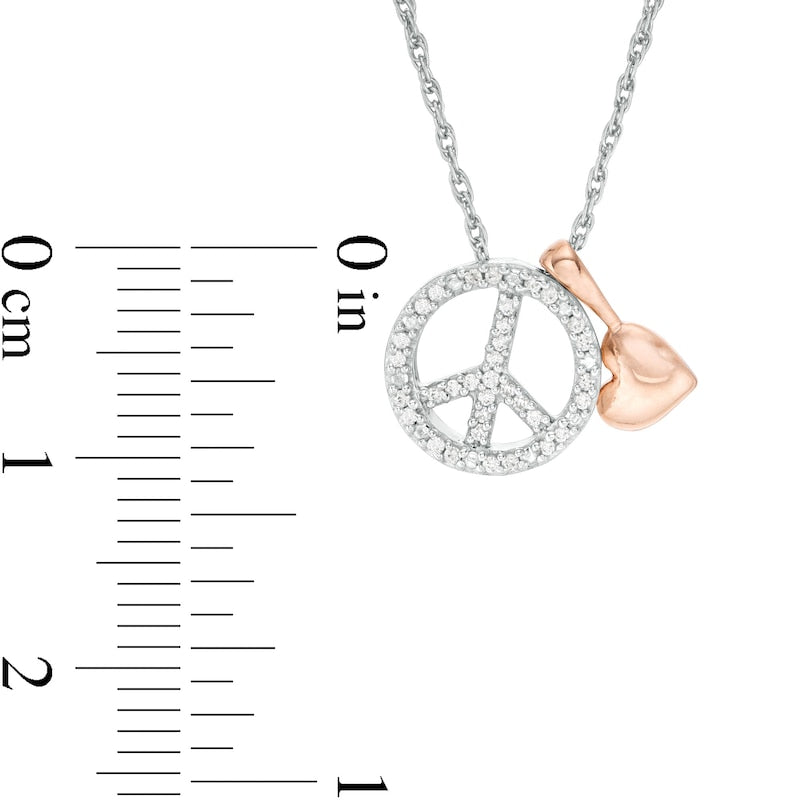 0.1 CT. T.W. Natural Diamond Peace Sign and Puffed Heart Charm Pendant in Sterling Silver and 10K Rose Gold