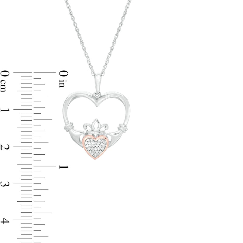 0.05 CT. T.W. Composite Natural Diamond Claddagh Heart Outline Pendant in Sterling Silver and 10K Rose Gold