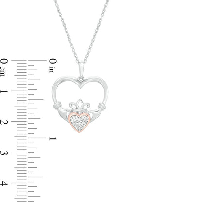 0.05 CT. T.W. Composite Natural Diamond Claddagh Heart Outline Pendant in Sterling Silver and 10K Rose Gold