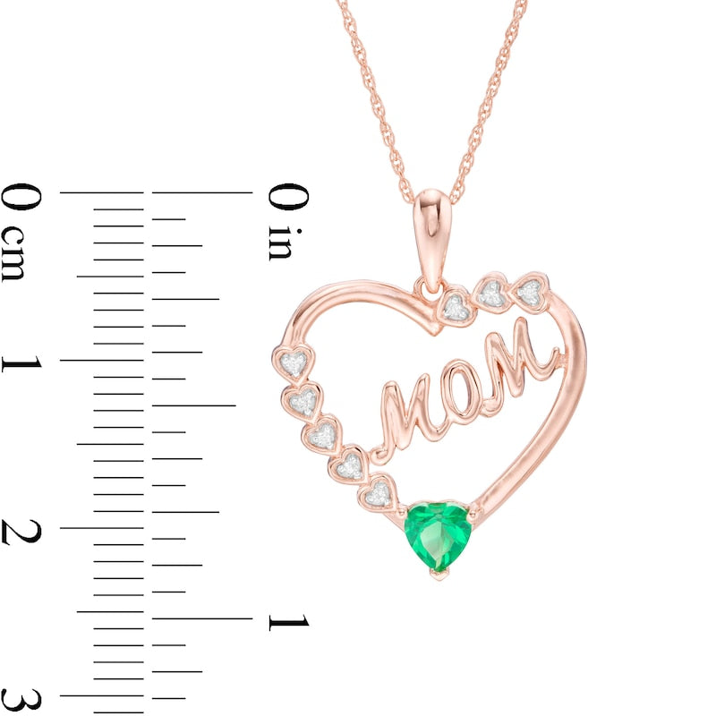 4.0mm Lab-Created Emerald and White Sapphire MOM" Heart Frame Pendant in Sterling Silver with 14K Rose Gold Plate"