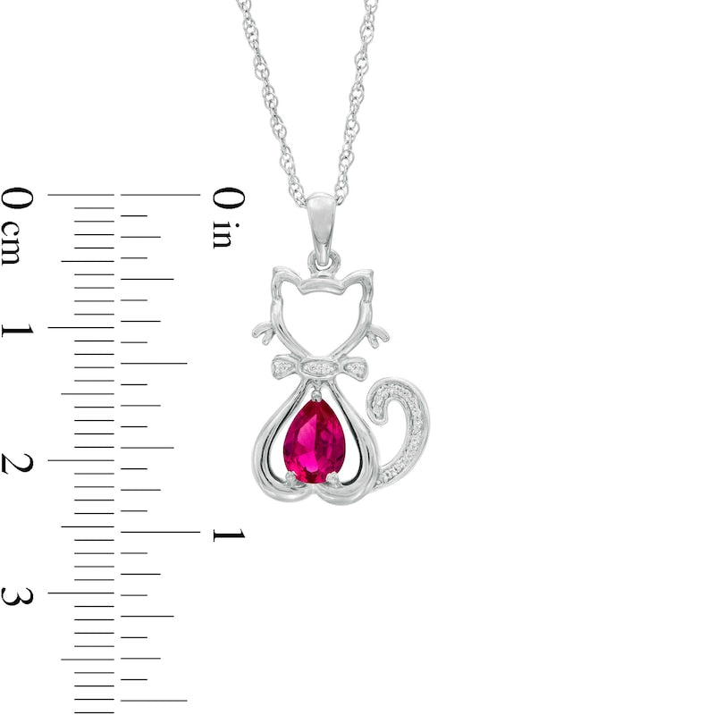 Pear-Shaped Lab-Created Ruby and 0.05 CT. T.W. Diamond Cat with Bow Tie Drop Pendant in Sterling Silver