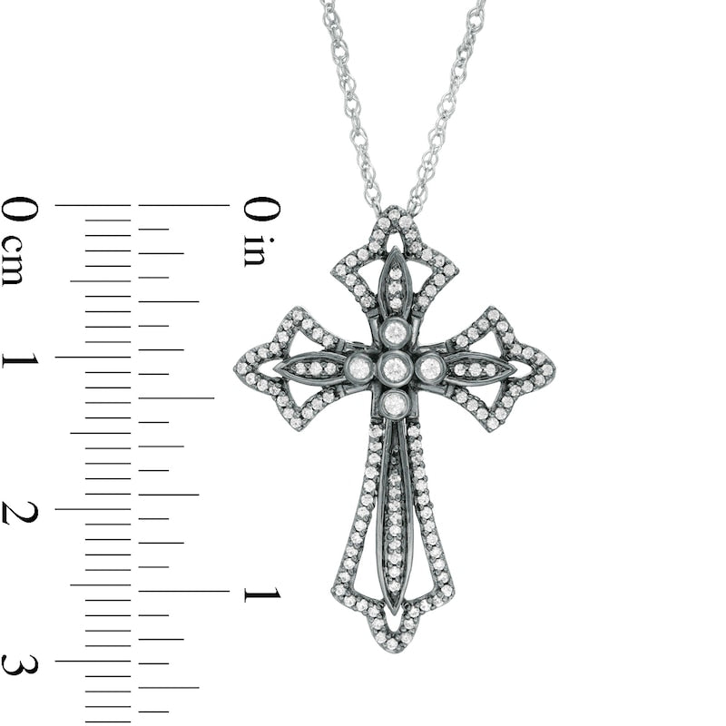 0.38 CT. T.W. Natural Diamond Gothic-Style Flared Cross Pendant in Sterling Silver and Black Rhodium