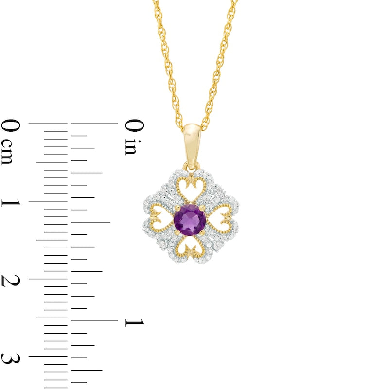 4.0mm Amethyst and 0.1 CT. T.W. Natural Diamond Antique Vintage-Style Heart-Shaped Four-Leaf Clover Pendant in 10K Yellow Gold