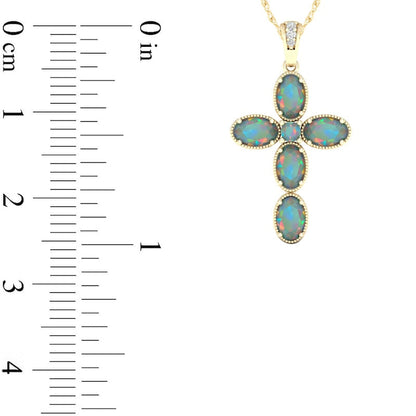 Oval Lab-Created Opal and Diamond Accent Antique Vintage-Style Cross Pendant in 10K Yellow Gold
