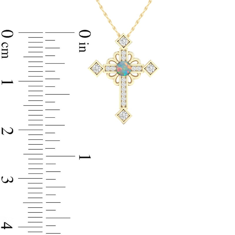 Lab-Created Opal and 0.05 CT. T.W. Diamond Gothic-Style Cross Pendant in 10K Yellow Gold