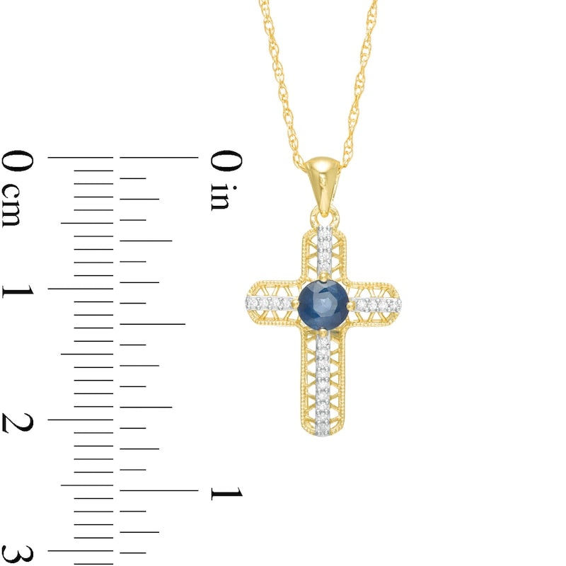 4.0mm Blue Sapphire and 0.05 CT. T.W. Natural Diamond Antique Vintage-Style Woven Cross Pendant in 10K Yellow Gold